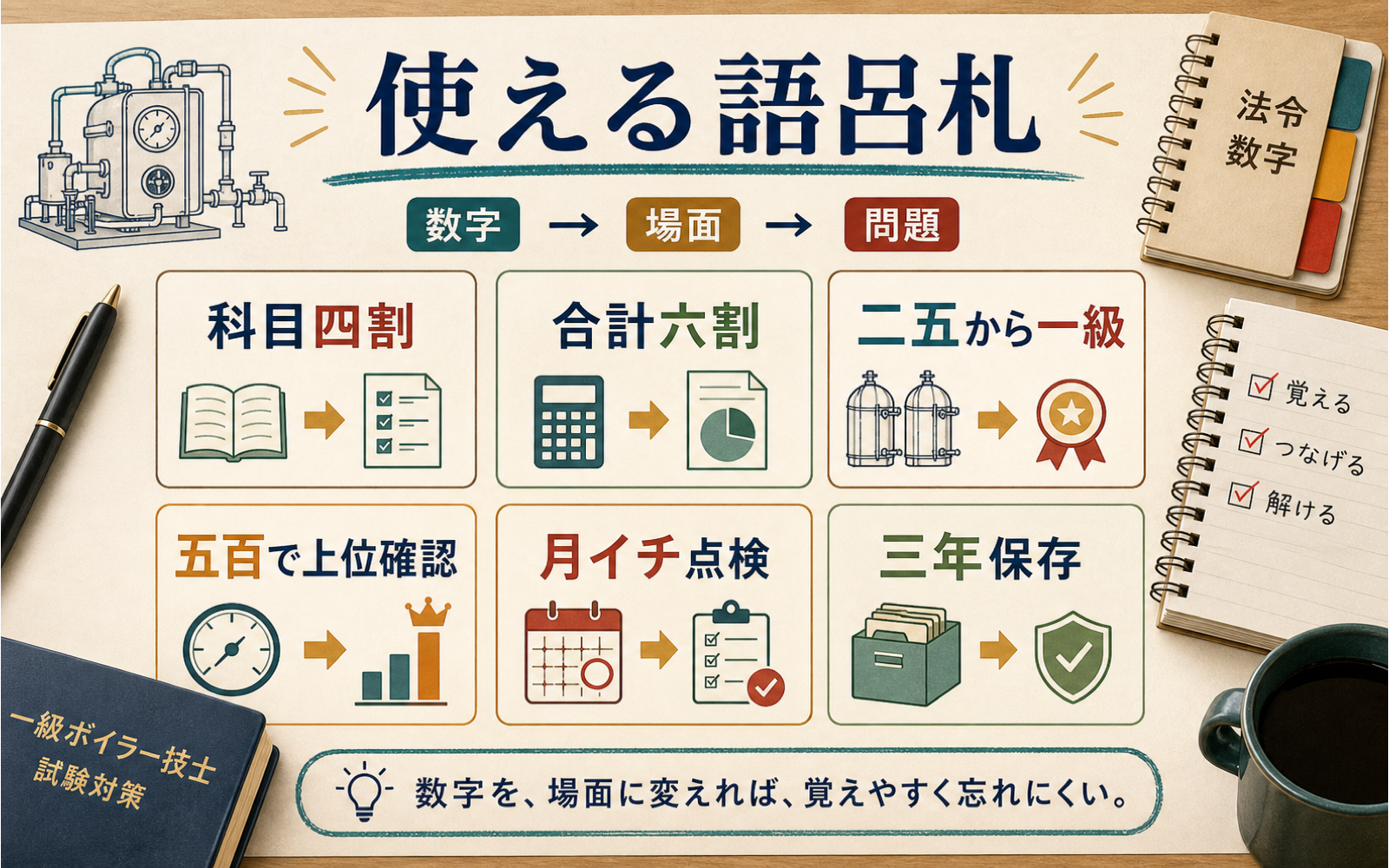 一級ボイラー技士 語呂合わせ一覧｜法令・構造・取扱い・燃焼で覚える (2026年版) の挿絵 1