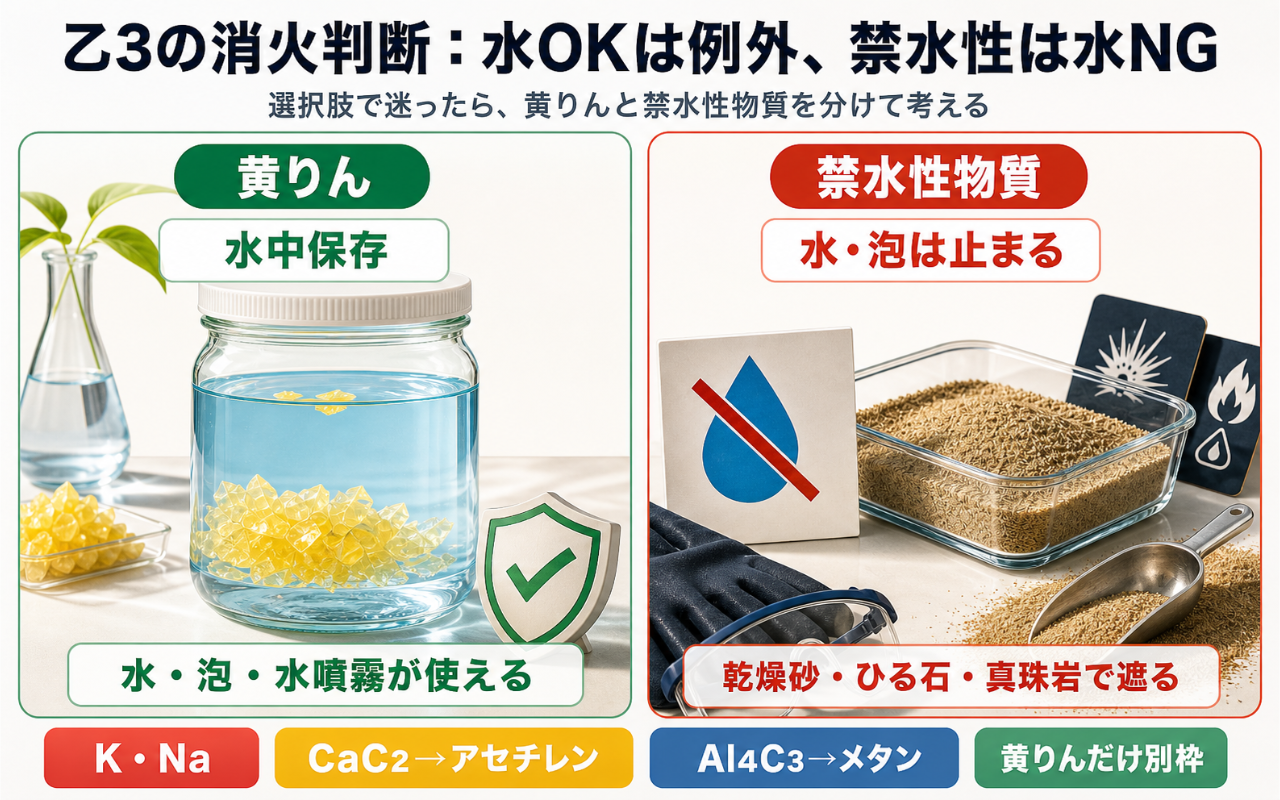 黄りんは水中保存できる一方、禁水性物質では水・泡を避ける消火判断図