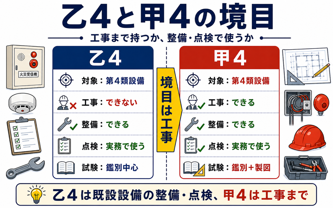 消防設備士乙4でできる仕事｜整備・点検と甲4工事の違い・業務範囲 (2026年版) の挿絵 1
