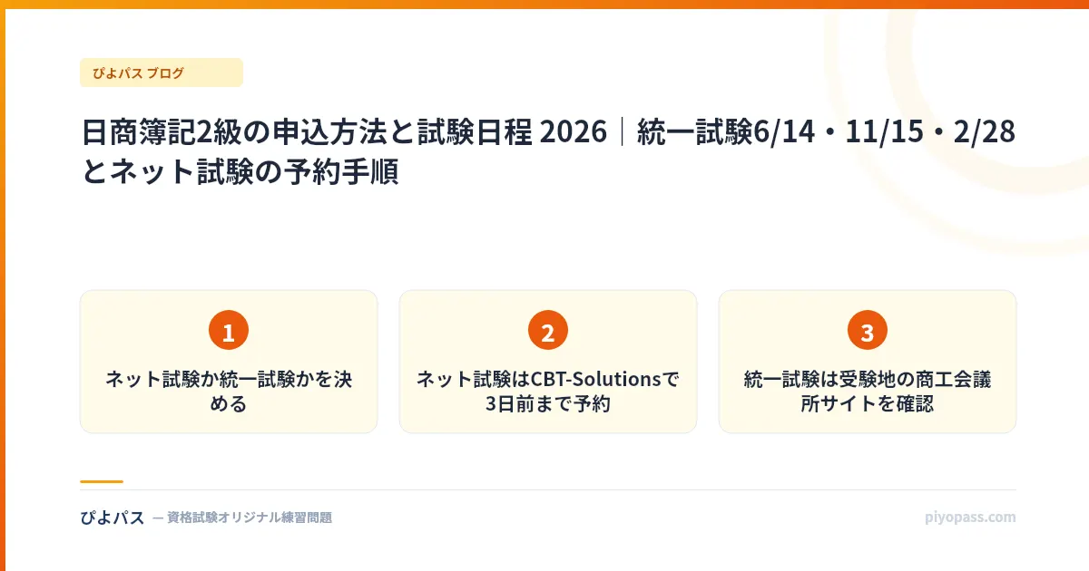 日商簿記2級の申込方法と試験日程 2026｜統一試験6/14・11/15・2/28とネット試験の予約手順