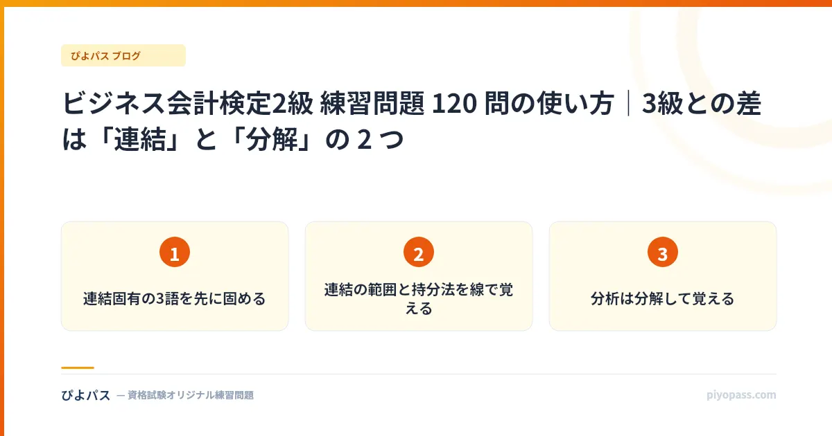 ビジネス会計検定2級 練習問題 120 問の使い方｜3級との差は「連結」と「分解」の 2 つ