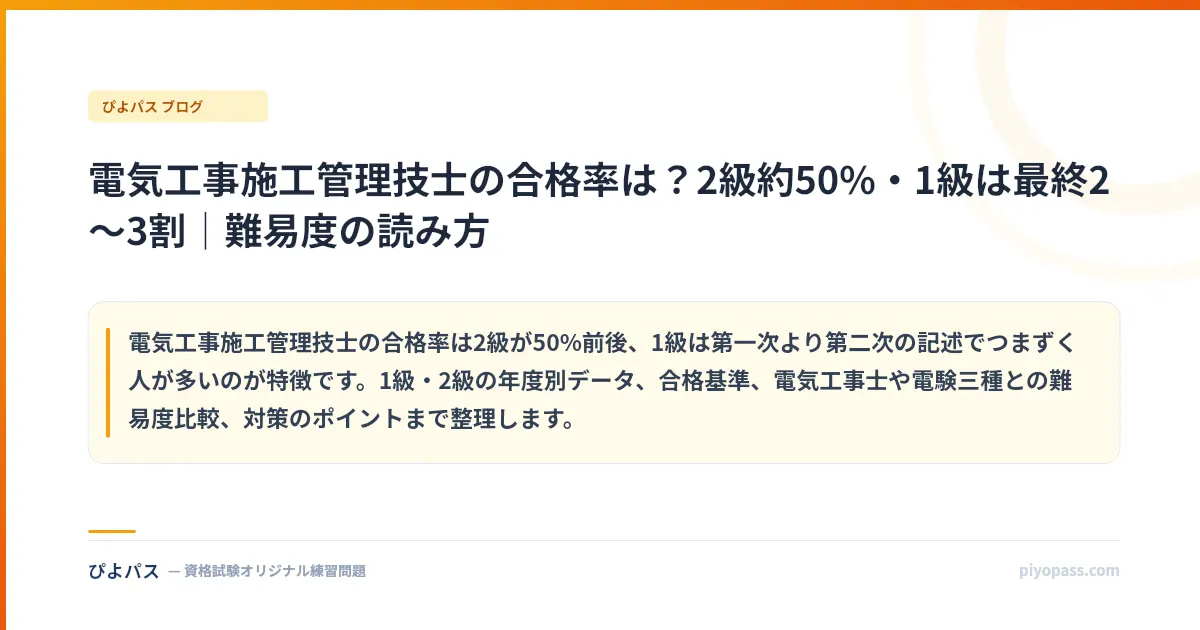 電気工事施工管理技士の合格率は？2級約50%・1級は最終2〜3割｜難易度の読み方