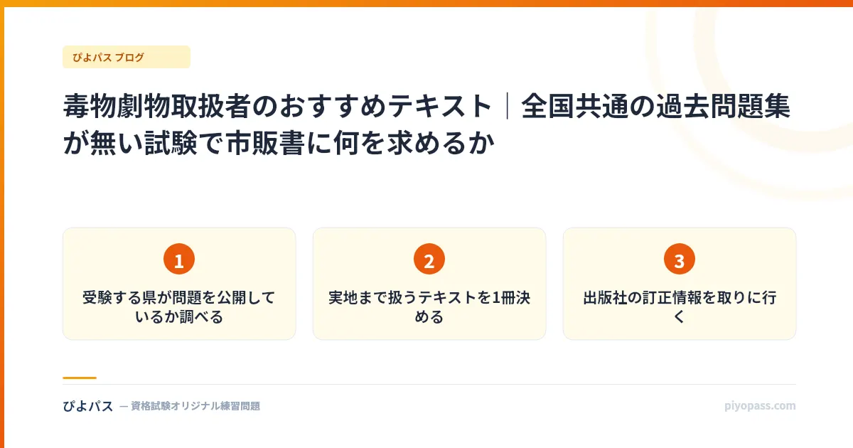 毒物劇物取扱者のおすすめテキスト|全国共通の過去問題集が無い試験で市販書に何を求めるか