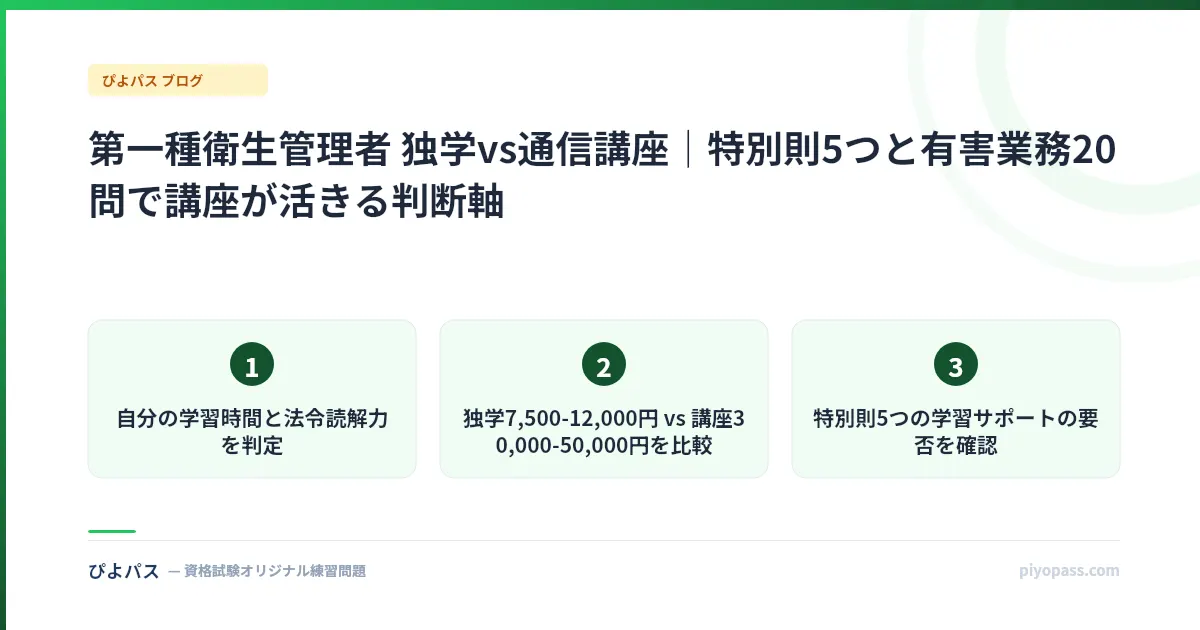 第一種衛生管理者 独学vs通信講座｜特別則5つと有害業務20問で講座が活きる判断軸