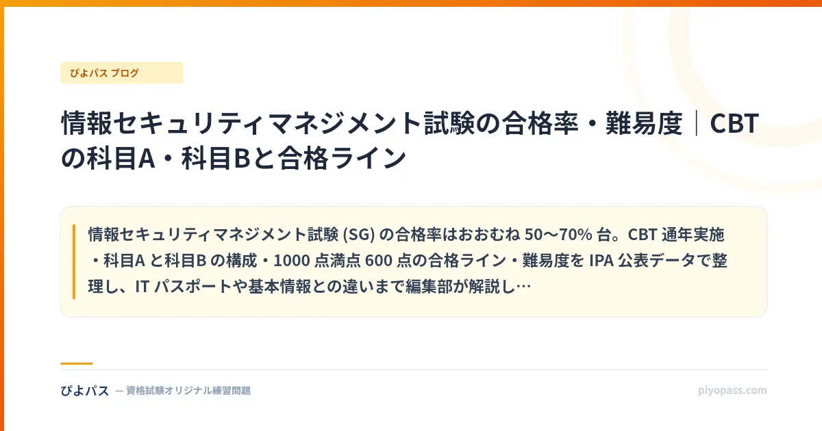 情報セキュリティマネジメント試験の合格率・難易度｜CBTの科目A・科目Bと合格ライン