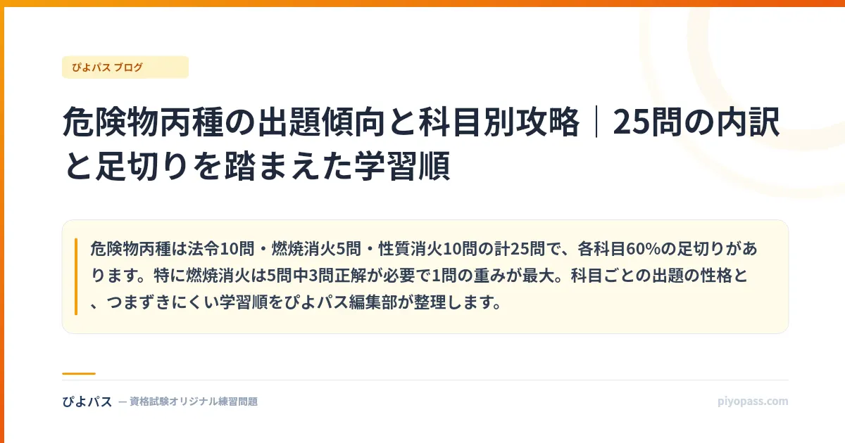 危険物丙種の出題傾向と科目別攻略｜25問の内訳と足切りを踏まえた学習順