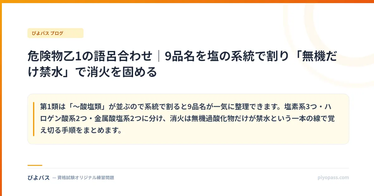 危険物乙1の語呂合わせ|9品名を塩の系統で割り「無機だけ禁水」で消火を固める