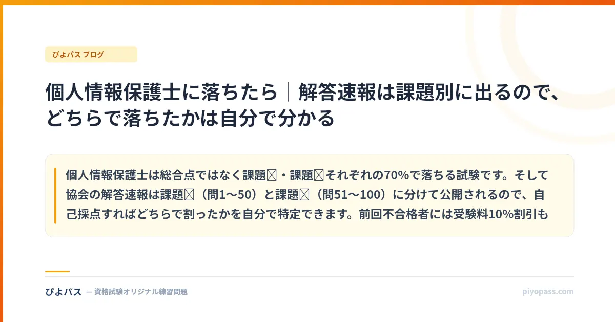 個人情報保護士に落ちたら|解答速報は課題別に出るので、どちらで落ちたかは自分で分かる