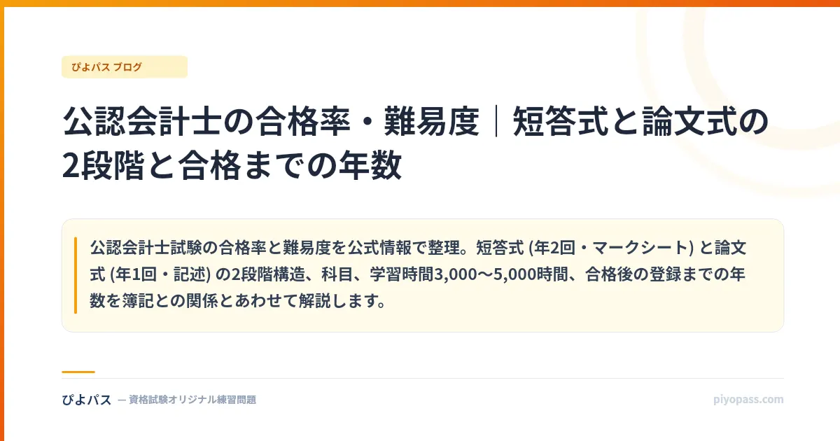 公認会計士の合格率・難易度｜短答式と論文式の2段階と合格までの年数
