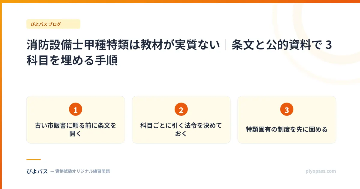 消防設備士甲種特類は教材が実質ない|条文と公的資料で 3 科目を埋める手順