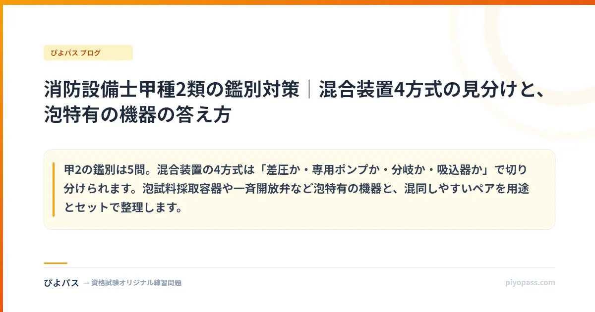 消防設備士甲種2類の鑑別対策｜混合装置4方式の見分けと、泡特有の機器の答え方