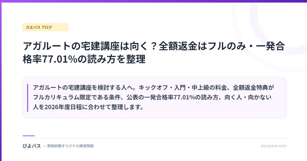 アガルートの宅建講座は向く？全額返金はフルのみ・一発合格率77.01%の読み方を整理