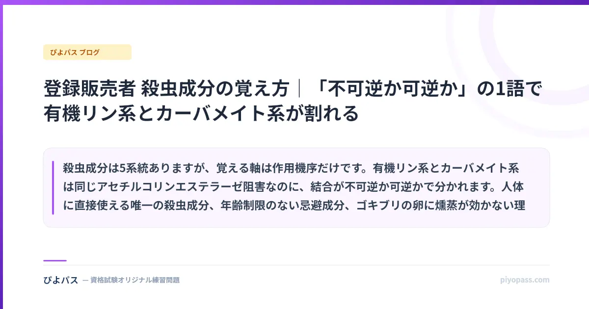 登録販売者 殺虫成分の覚え方｜「不可逆か可逆か」の1語で有機リン系とカーバメイト系が割れる